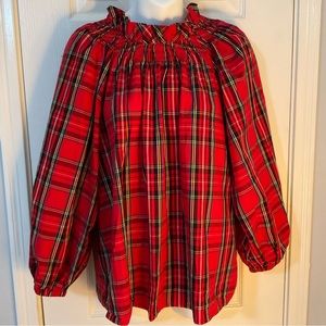 J. CREW Womens XL Top/Blouse, Red Plaid, Smocked Neckline, 3/4 to Long Sleeve